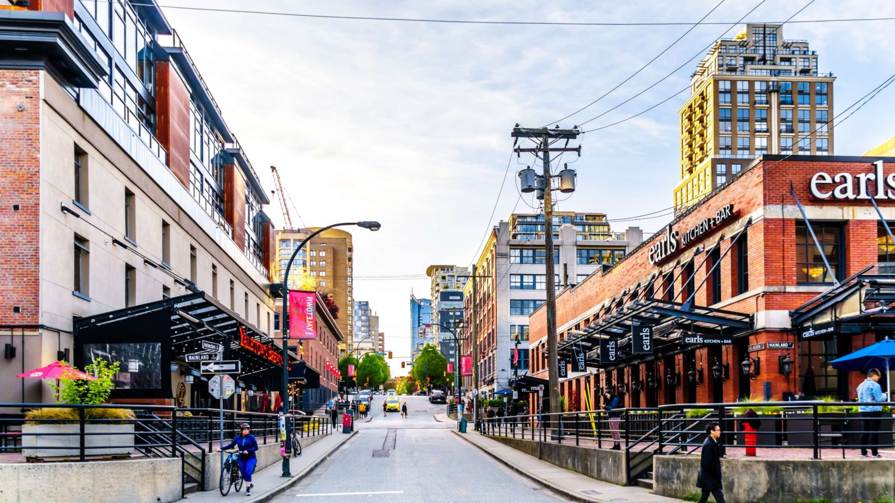 shot of downtown area with shops and restaurants