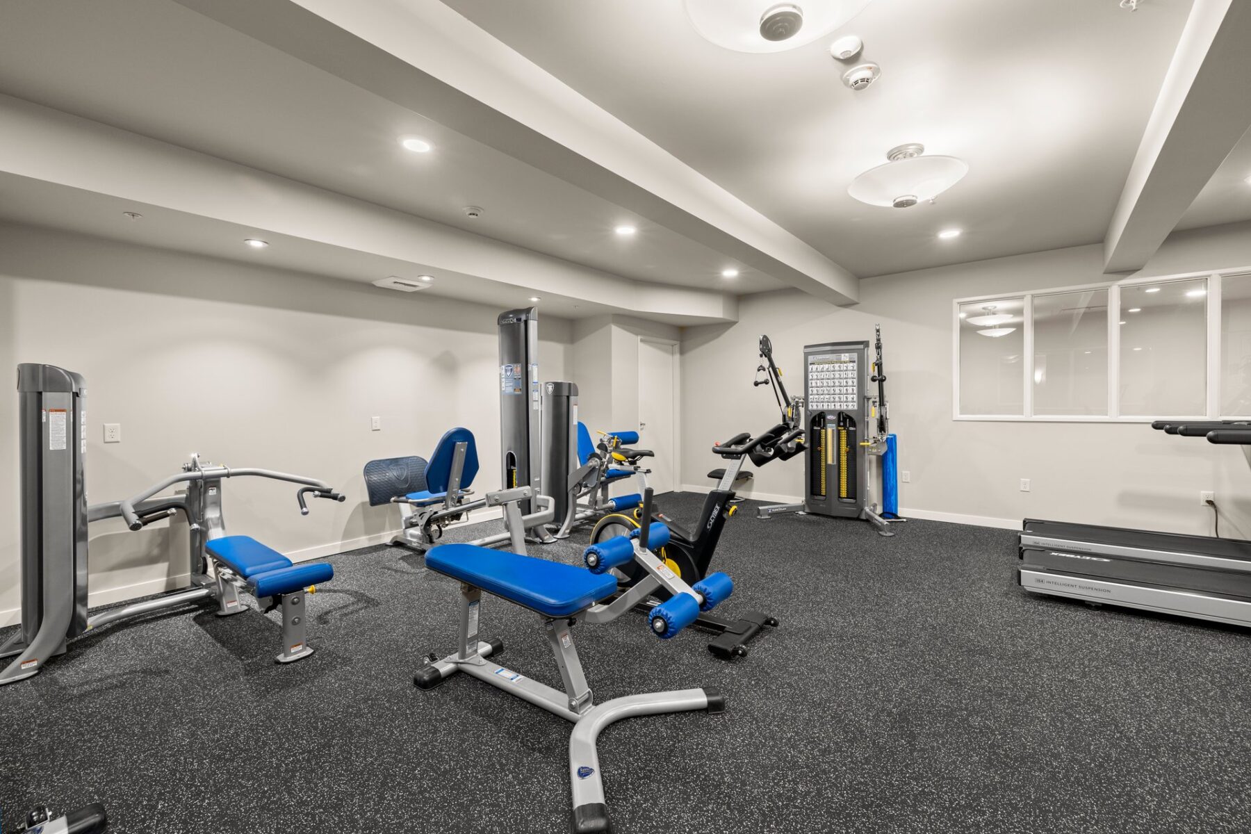 indoor gym with lifting machines and cardio machines