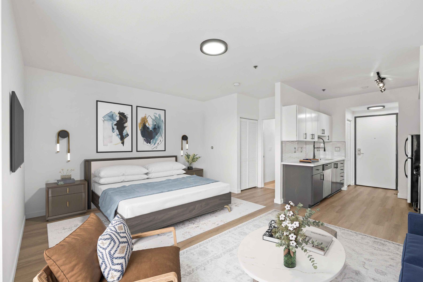 Open living and kitchen spaces at The Felix apartment rentals in Vancouver